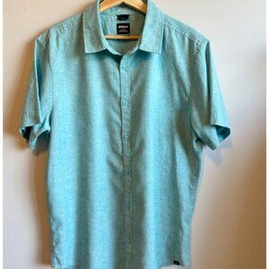 Prana Shirt Mens Large Blue Green Hemp Blend Button Up Slim Short Sleeve Summer
